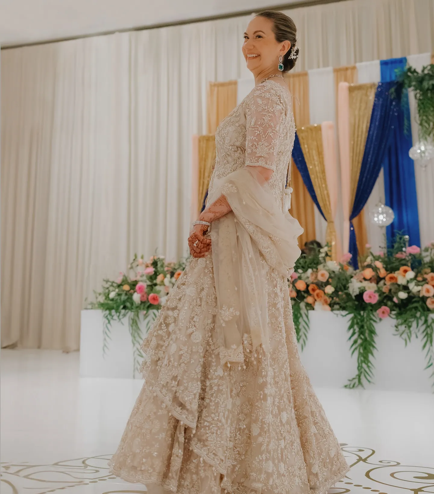 Designer party-wear saree with sequin border and contemporary draping